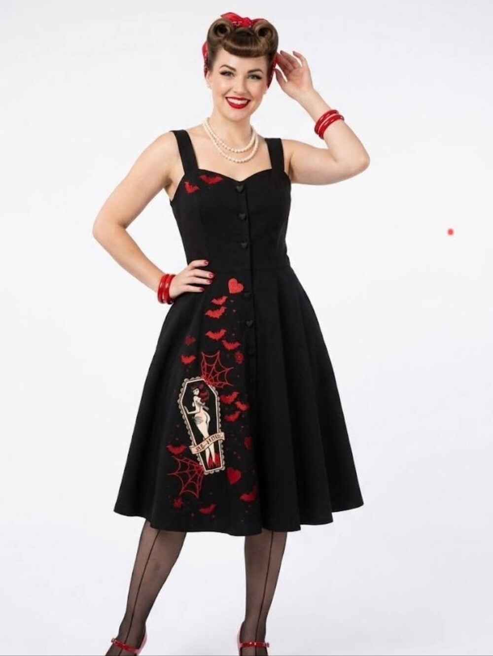 Voodoo Vixen Black Midi Dress with Red Hearts & Bats
